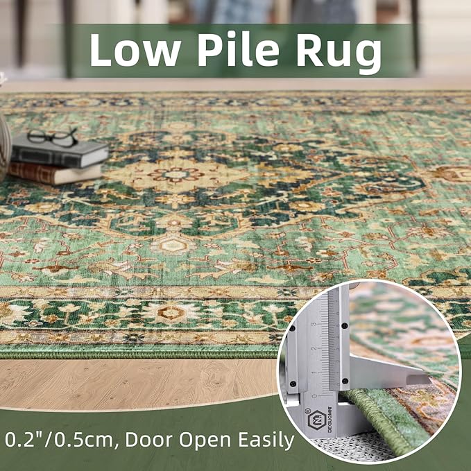 6x9 Vintage Rugs for Dining Room, Washable Rugs Non Slip Large Area Rug for Living Room Bedroom Office, Floor Decoration Big Rug Mat Low-Pile Kid & Pet Friendly(Border Green)