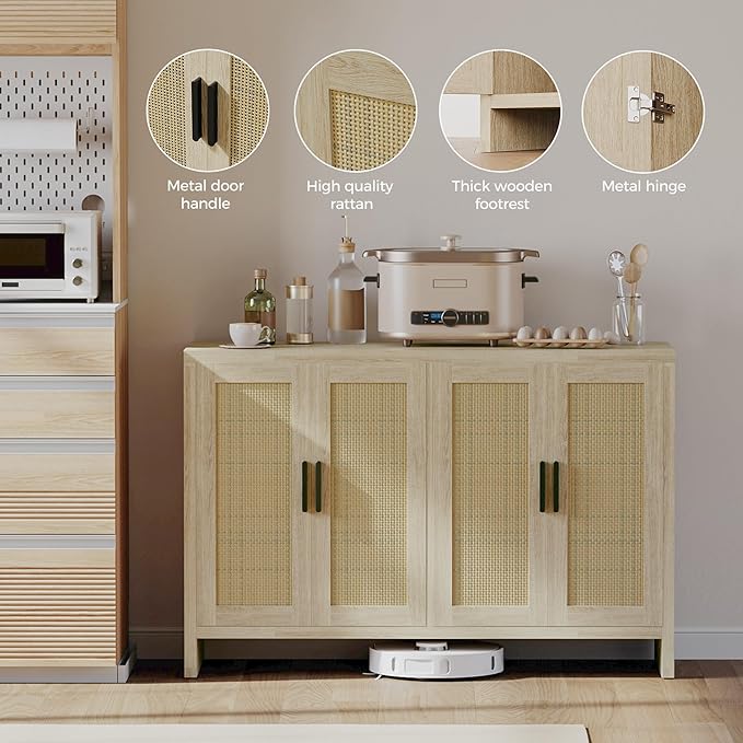 Mericonia Rattan Buffet Cabinet with Storage, Sideboard with Doors, TV Stand, Farmhouse Side Board Coffee Bar, Modern Wood Storage Cabinets for Livingroom, Kitchen and Dining Room (Oak)