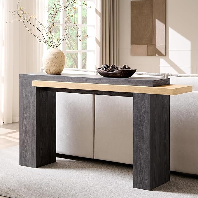 OKD 63 Inch Modern Entryway Console Table, Solid Geometry Accent Sofa Table Behind The Couch, Narrow Console Table for Entryway, Hallway, Living Room, Foyer, Natural Oak with Dark Alder