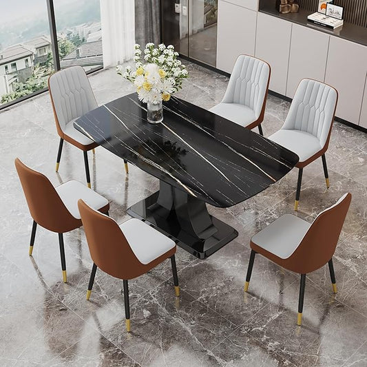 Modern Dining Table Set for 6, Marble Kitchen Table Chair Set for 6, Rectangular Kitchen Table with 6 Pu Leather Upholstered Chair for Dining Room