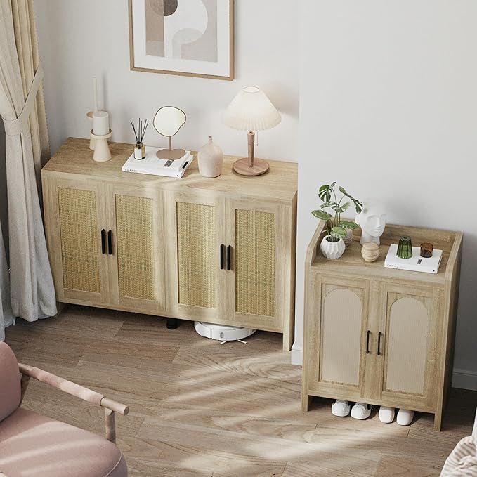 Mericonia Rattan Buffet Cabinet with Storage, Sideboard with Doors, TV Stand, Farmhouse Side Board Coffee Bar, Modern Wood Storage Cabinets for Livingroom, Kitchen and Dining Room (Oak)