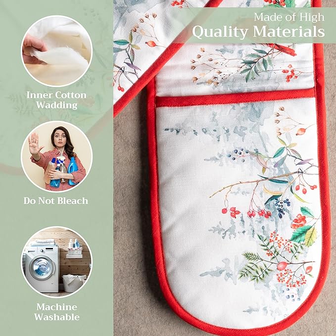 Maison d' Hermine Double Oven Mitt (7" x 35") 100% Cotton Heat Resistant BBQ Cooking Gloves with Loop for Thanksgiving Christmas Decorations Baking Cooking Barbeque Handling Hot Pan (Morzine)