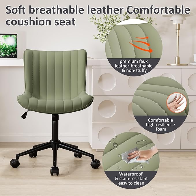 Kidol & Shellder Olive Green Leather Home Office Desk Chair with Wheels Modern Cute Armless Executive Swivel Vanity Chair with Comfy Padded Back Ergonomic Rolling Adjustable Computer Task Chair Small