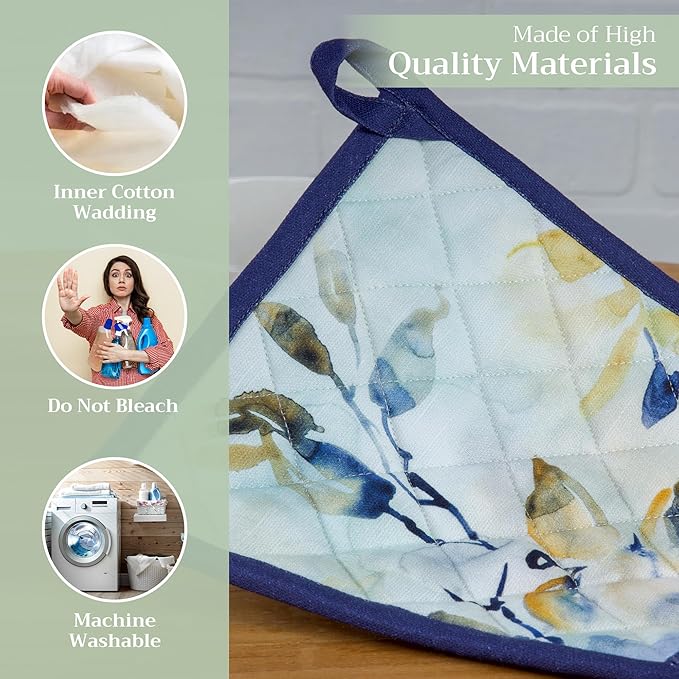 Maison d' Hermine Pot Holders set 100% Cotton Heat Resistant Potholders 8" x 8" Hot Pads with Loop BBQ, Cooking, Baking, Grilling, Kitchen, Handling Hot Pan Spring/Summer (Pack of 2, Lazy Summer Days)