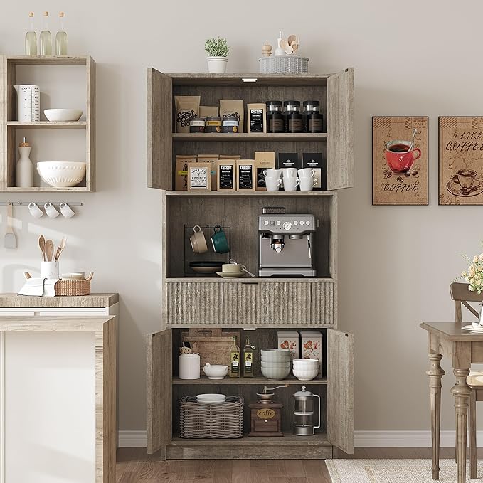 Garvee Tall Kitchen Pantry Cabinet, 70" Pantry Storage Cabinet with Countertop, Fluted Kitchen Hutch Cabinets with Doors and Drawer, Freestanding Cupboard for Dining Room, Living Room, Gray