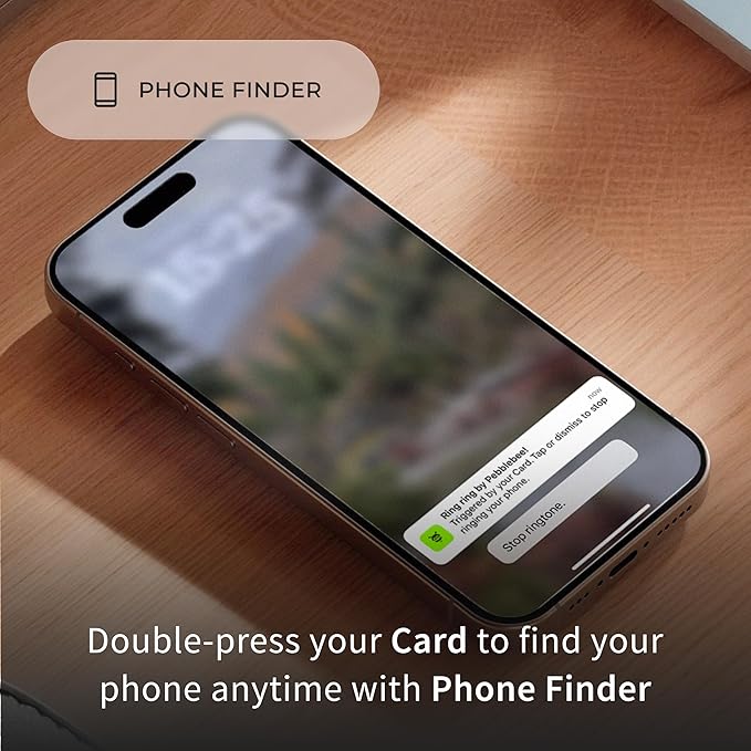 Pebblebee Tracker Card Universal - Rechargeable Slim Item Tracker | Alternative to Air Tag & Android Trackers | 18-Month Battery Life | Works with Both Android & iOS Find My Apps | LED & Sound Alerts