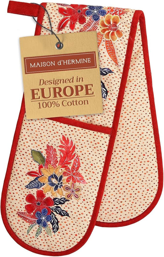 Maison d' Hermine Double Oven Mitt (7" x 35") 100% Cotton Heat Resistant BBQ Cooking Gloves with Loop for Thanksgiving Christmas Decorations Baking Cooking Barbeque Handling Hot Pan (Kalahari)