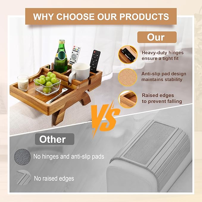 Acacia Wood Couch Arm Tray, 15.35"x9.85" Couch Armrest Table with Cup Holder, Foldable Desktop for Dual Use Sofa Arm Tray, with Non-Slip Feet