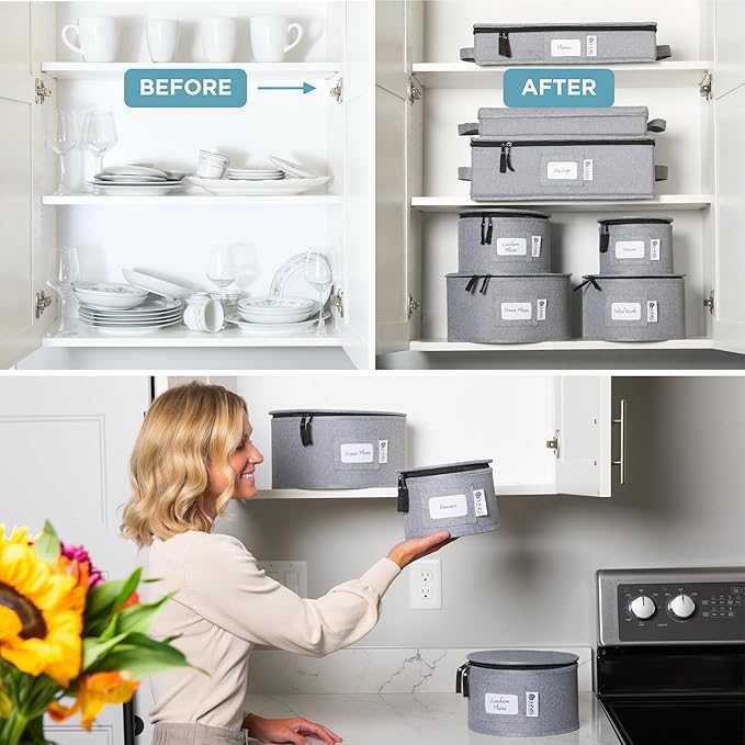 Hard Shell China Storage Containers 8-Piece Set Moving Boxes for Dinnerware, Glasses, Plates, Mugs and Saucers Sturdy Dish Organizer with Dividers for Seasonal Storage - Service for 12 - Gray