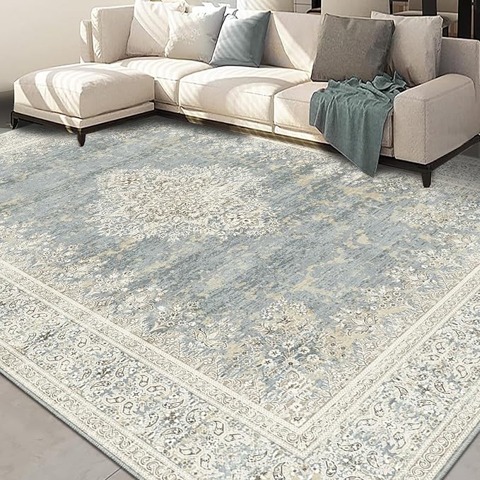 Area Rug 7x9, Washable Gray Vintage Rug, Traditional Floor Cover Thin Rug, Retro Indoor Distressed Non Slip Carpet, Floral Print Mat Living Room Bedroom (Grey/Light Camel, 7X9)