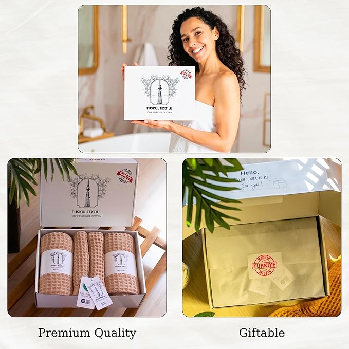 Püskül - Luxury Waffle Towel Set for Bathroom 4 Pieces Beige, Premium Quality Organic 100% Turkish Cotton 2 Hand and 2 Bath Towels Sets, Quick Dry Thin Waffle Towels, Made in Turkiye (Beige)