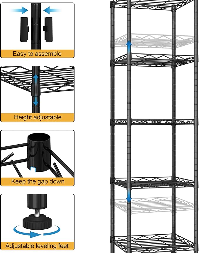 HOMEFORT Storage Shelves, 5-Wire Shelving, Metal Shelving Unit Adjustable Storage Shelves Rack for Kitchen, Pantry, Bathroom, Black, 11.4" W x 11.4" D x 46" H