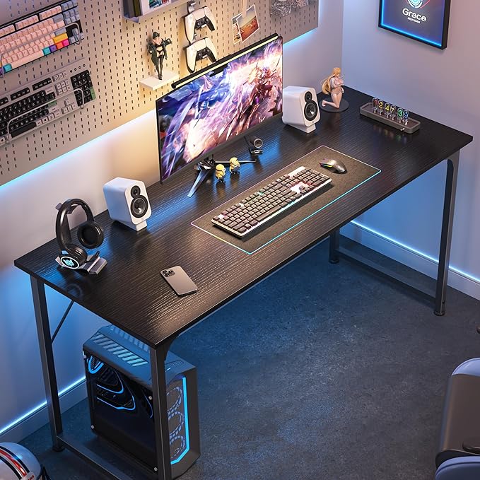 Huuger Computer Desk, 55 Inch Home Office Desk, Gaming Writing Work from Home Study Desk, Large Legroom, Sturdy Metal Frame, Modern Simple, Black