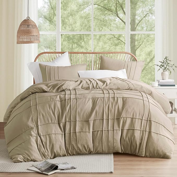 Comfort Spaces Khaki Twin Size Comforter Set - 2 Pieces Pintuck Pleated Bedding Sets, All Season Lightweight, Extra Softness Pre-Washed Microfiber Twin Bed Set, Shams, Twin