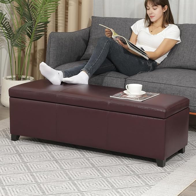 Joveco 47 Inch Storage Ottoman Bench,Tufted Leather Storage Bench with Nailhead Trim for Bedroom (47”,Auburn)