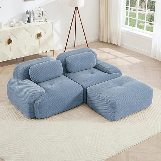 80" Modern Compressed Boneless Love Seat Couches with 1 Ottoman, 2 Seater Large Sectional Couches for Living Room, Blue Corduroy Cloud Modular Sectional Sofa, Memory Foam, Deep Loveseat, No Assembly