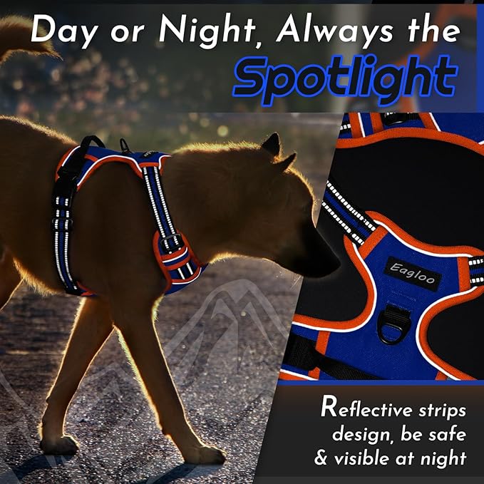 Eagloo Dog Harness Small Sized Dog, No Pull Service Vest with Reflective Strips and Control Handle, Adjustable and Comfortable for Walking, No Choke Pet Harness with 2 Metal Rings, Blue & Orange, S