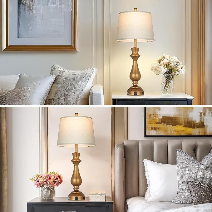 Retro Gold Table Lamps Set of 2 for Living Room,30" Tall Bedside Lamp with USB Charging Port,3-Way Dimmable Touch Nightstand Lamp for Bedroom Desk Side Table Office,Copper Gold