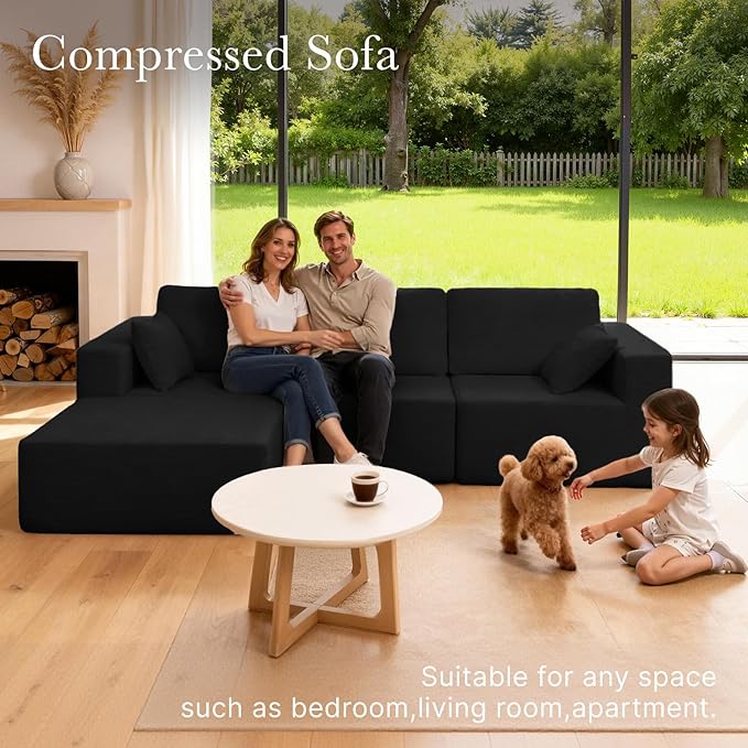 108” Modular Sectional Sofa Couch with Ottoman, 3-Seater Boneless Couch, L Shape Sectional Sofa Compressed Sofa for Living Room Bedroom, No Assembly Needed (Black, 3 Seats+1 Ottoman)
