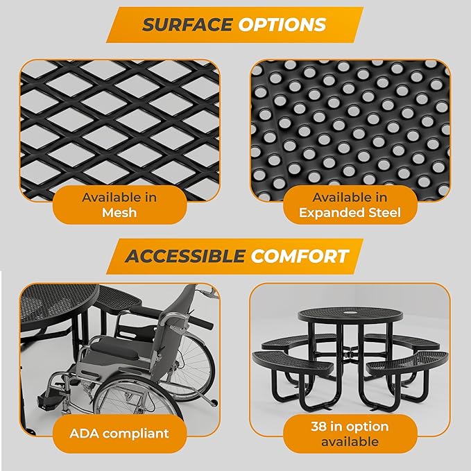 Metal Picnic Tables for Outdoors with Umbrella Hole - Coated Steel Heavy Duty Commercial Grade Furniture Set with Adjustable Seats (Green, 46 in, Round, Expanded Steel)