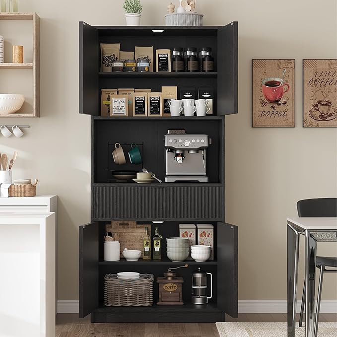 Garvee Tall Kitchen Pantry Cabinet, 70" Pantry Storage Cabinet with Countertop, Fluted Kitchen Hutch Cabinets with Doors and Drawer, Freestanding Cupboard for Dining Room, Living Room, Black