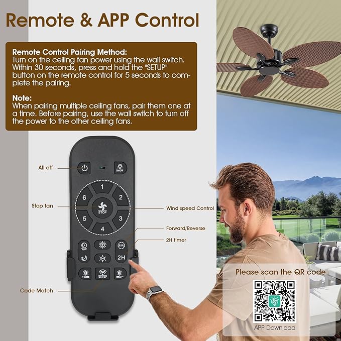 50 Inch Tropical Ceiling Fan no Light, Outdoor Waterproof Palm Leaf Ceiling Fans for Patios Porches, Remote +APP Control, Wet Rated, 6 Speeds, Quiet, Brown