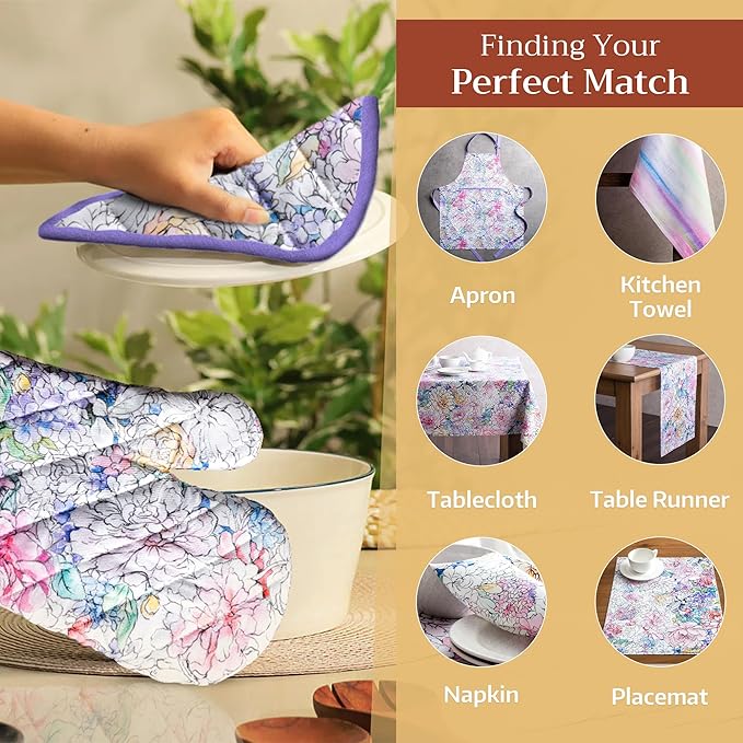 Maison d' Hermine 100% Cotton Oven Mitt & Pot Holder Set (7.5"x13" & 8"x8") Heat Resistant BBQ Cooking Gloves with Loop, Baking, Grilling, Kitchen, Handling Hot Pans Spring/Summer (Floral Love)