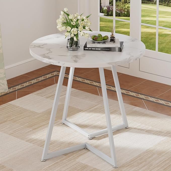 VECELO Round Dining Room Table with Wood Grain Tabletop and Steel Frame, for Kitchen, Living Room, Office, Conference, 2 to 4 Person, Fuax Marbled & White