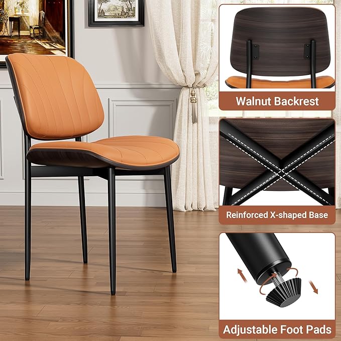 Dining Chairs Set of 6, Mid Century Modern Dining Room and Kitchen Chairs, Upholstered PU Leather Chairs with Walnut Bentwood and Metal Legs, Orange