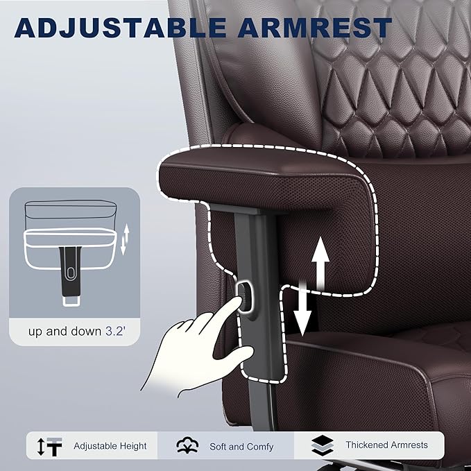 Misolant Big and Tall Office Chair with Footrest, High Back Executive Desk Chair with Adjustable Lift Armrest, 155°Recline，Lumbar Support Pillow, Faux Leather Gaming Chairs for Home or Office Brown