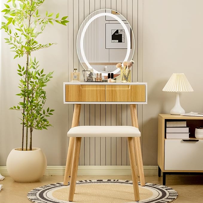 Small Vanity Desk with Mirror and Lights, Wooden Handles with Cushioned Stool, 3 Lighting Modes Round Makeup Table with Upgraded Silent Slides, Compact Vanity for Small Spaces, Natural Oak