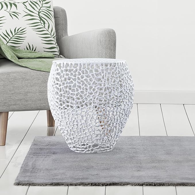 Modern Contemporary Round 20" End Table, Solid Aluminum intrigued Design, Mesh Drink Table, Creative Side Table for Living Room and Bedroom, Casted in White