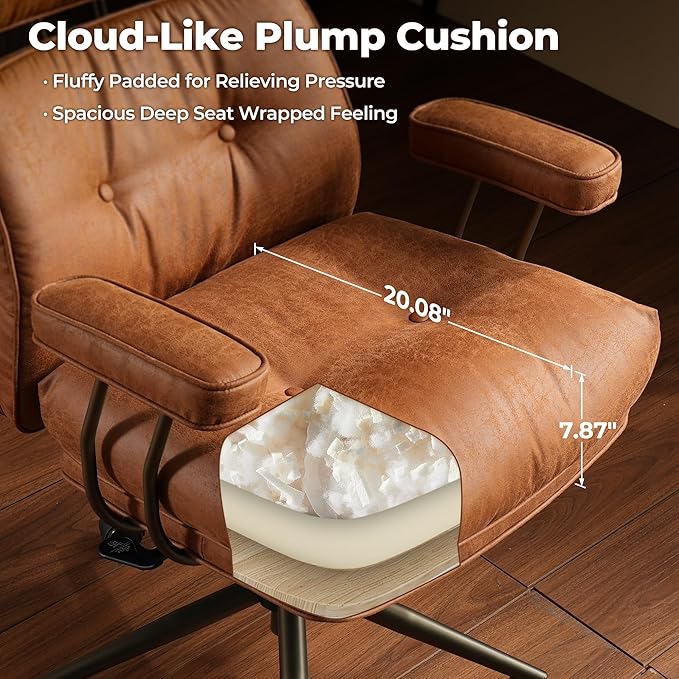 ovios Ergonomic Home Office Chair, Mid-Century Modern Faux Leather Chairs with Thickened Cushions, Comfy High Back Swivel Rolling Executive Computer Armchair (Brown, Suede Leather)
