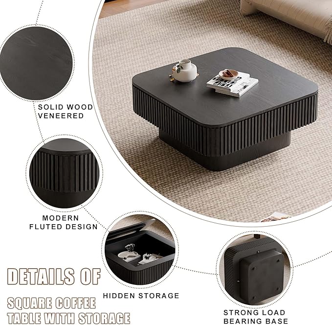 31.5'' Small Square Coffee Table with Storage, Fluted Coffee Table with Solid Wood Veneered, Mid Century Modern Wooden Center Table, Accent Tea Table for Small Space Living Room Apartment, Black