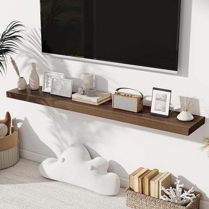 Fun Memories 55 Inch Long Floating Shelves for Wall, 8" Deep Floating Shelves for Bathroom Living Room Bedroom, Rustic Wall Mounted Shelf with Invisible Heavy-Duty Bracket, Set of 2, Walnut