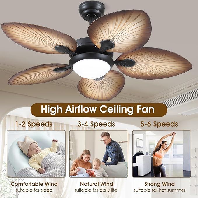 Tropical Ceiling Fans with Lights and Remote/APP Control, 44 Inch Palm Leaf Ceiling Fan with LED Lights, Outdoor Ceiling Fans for Patios Porch, Reversible Quiet Motor, Dimmable, Wood Grain
