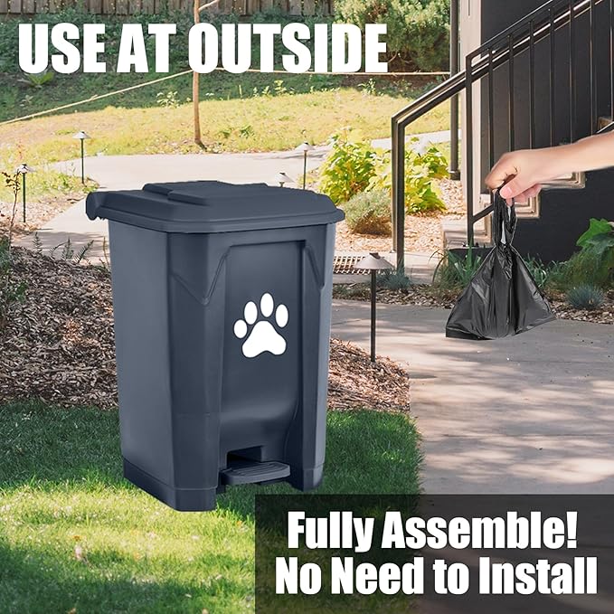 tebiete Dog Poop Trash Can Outdoors Pet Waste Station with Lid Dog Waste Disposal Container with Removable Inner Bin Bucket Hands-Free Pedal Garden Yard Home with Waste Bags, Grey