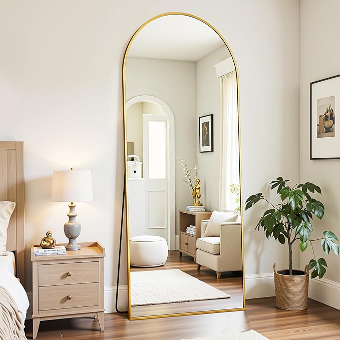 Full Length Mirror, 58"x18" Oversized Floor Mirror Freestanding, Full Body Mirror Floor Standing Mirrors with Stand, Hanging Mounted Mirrors for Bedroom Living Room, Gold, Arched Style