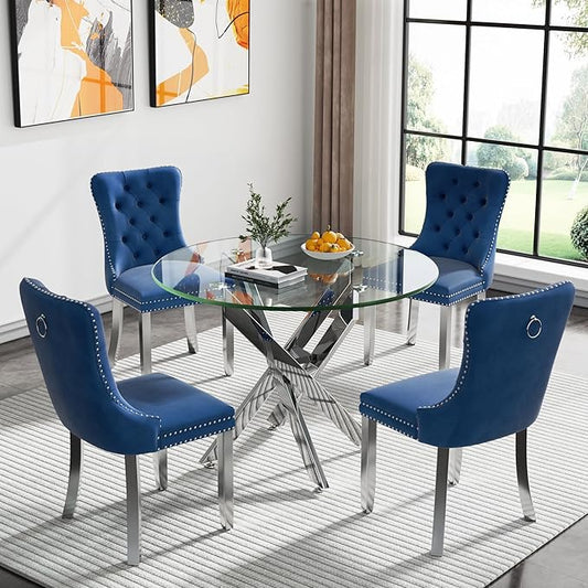 Goujxcy Small Round Dining Table Set for 4, Modern Glass Kitchen Table Chairs Set of 4, 5-Piece Dining Table Set w/36 Circle Silver Glass Dining Room Table and 4 Blue Upholstered Dining Chairs