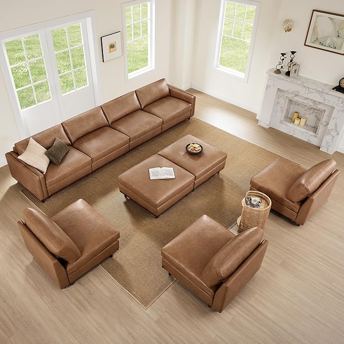 CHITA 118" Super Large Luxury L Shape Convertible Sectional Modular Sofa, FSC Certified Down Filled Modern Sofa with Ottoman, Deep Seat Cloud Couch, 4 Seat Couch, Solid Wood Leg, Faux Leather in Camel