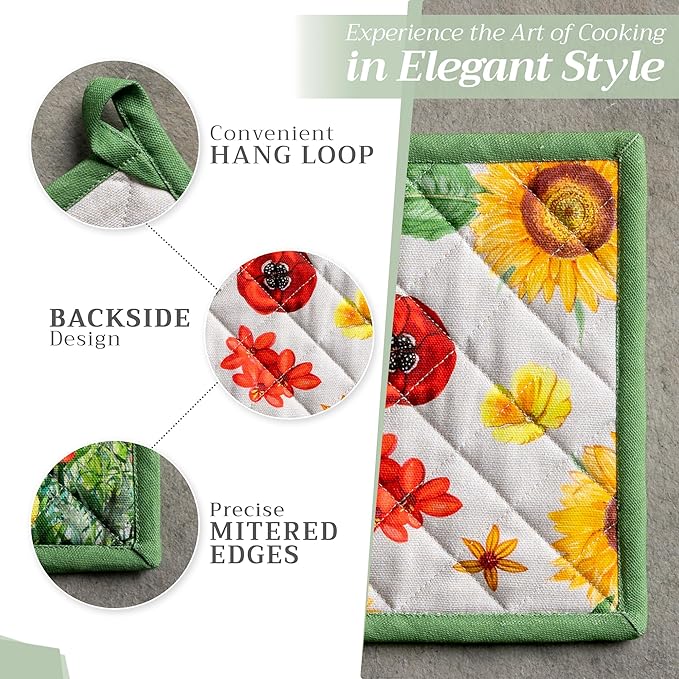 Maison d' Hermine Pot Holders 100% Cotton Heat Resistant Potholders 8" x 8" Hot Pads with Loop BBQ, Cooking, Baking, Grilling, Kitchen, Handling Hot Pans Spring/Summer (Pack of 1, Basse Cour)