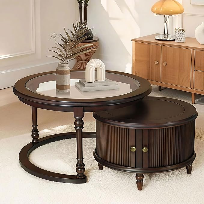 31.5'' Nesting Coffee Table Set of 2, Solid Wood Round Nesting Coffee Table Fluted with Storage, Brown Modern Coffee Table Set for Living Room Office