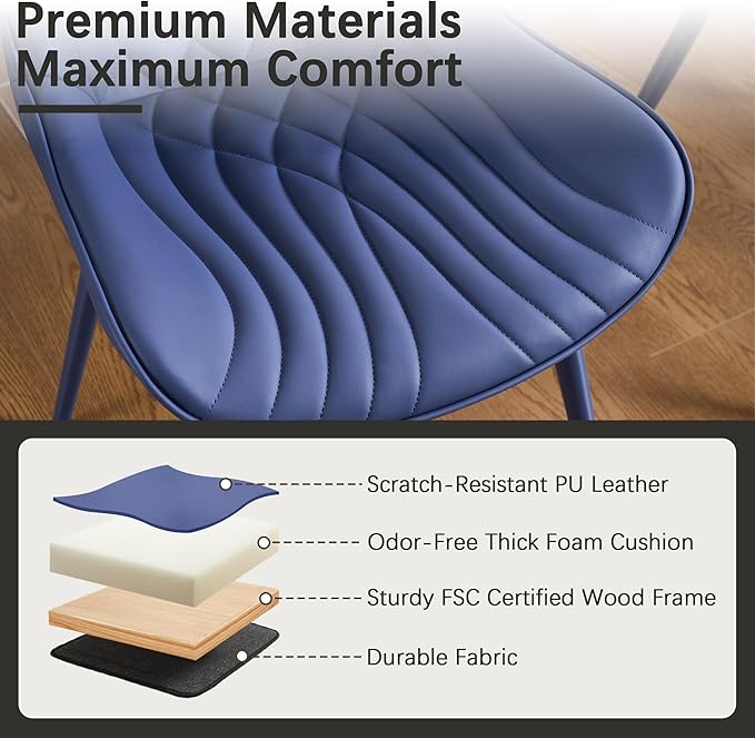 YOUTASTE Navy Blue Dining Chairs Set of 2, Mid Century Modern Comfy Kitchen Chair, Upholstered Faux Leather, Navy Blue Metal Legs, Armless Accent Chairs for Bedroom Vanity Lounge