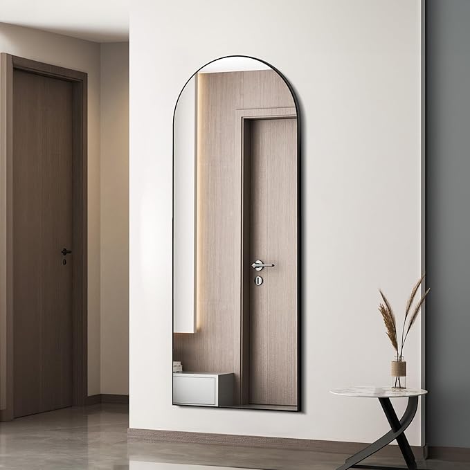 Arched Full Length Mirror, 64.1"×21.1" Floor Mirror with Stand, Hanging Mirrors Full Length for Home Decor, Large Mirrors for Bedroom Bathkroom Décor, Black