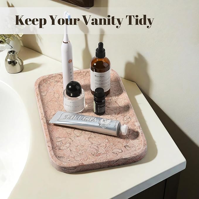 Koville Marble Tray, 12"x8" Natural Marble Vanity Tray for Countertop Bathroom Kitchen Dresser, Decorative Catchall Trays for Perfume Jewelry, Rectangular Stone Serving Tray(Pink)