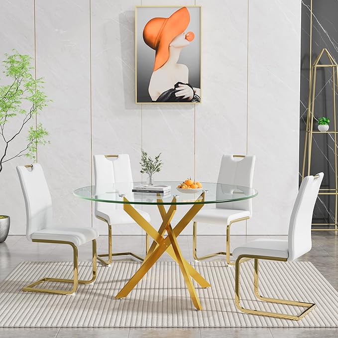 Goujxcy Round Dining Table Set for 4, Modern Glass Kitchen Table and Chairs Set of 4, 5 Piece Dining Room Table Set with 47" Circle Gold Metal Glass Dinner Table and 4 White Leather Dining Chairs