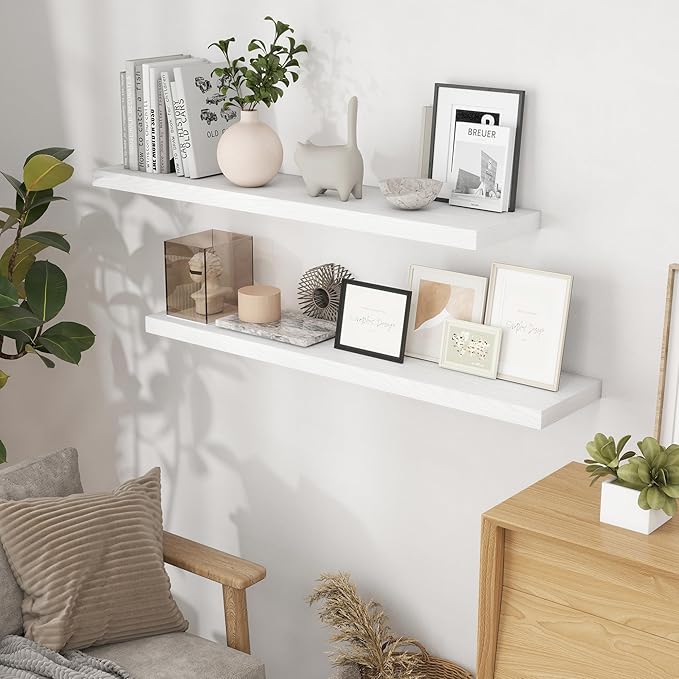 Fun Memories Floating Shelves for Wall, 48 x 9.3 Large Floating Shelf Wall Mounted Set of 2, Rustic Wood Shelves for Bathroom, Kitchen, Living, Heavy-Duty Storage Deep Shelf for Books, Decor, White