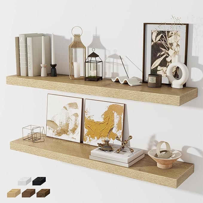 Fun Memories 40" Floating Shelves for Wall, 8 Inch Deep Floating Shelf for Books, Deep Bathroom Shelves Wall Mounted, Rustic Display Shelf for Kitchen, Bedroom, Living Room, Oak Color, 2 Pack