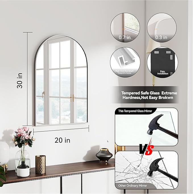 30x20 Arch Mirror Rectangle Wall Mounted Hanging or Against Wall Aluminum Alloy Metal Frame Dressing Make-up Mirrors for Entryway Bedroom Bathroom Living Room 30 20 inch Silver