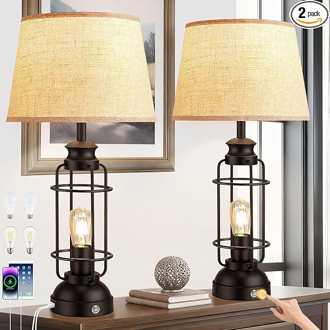 28" Table Lamps for Living Room Set of 2, 3 Way Dimmable Touch Lamps with USB A+C Ports,Farmhouse Table Lamps for Bedroom,Industrial Lamp for Living Room End Tables, 4 Bulbs Included